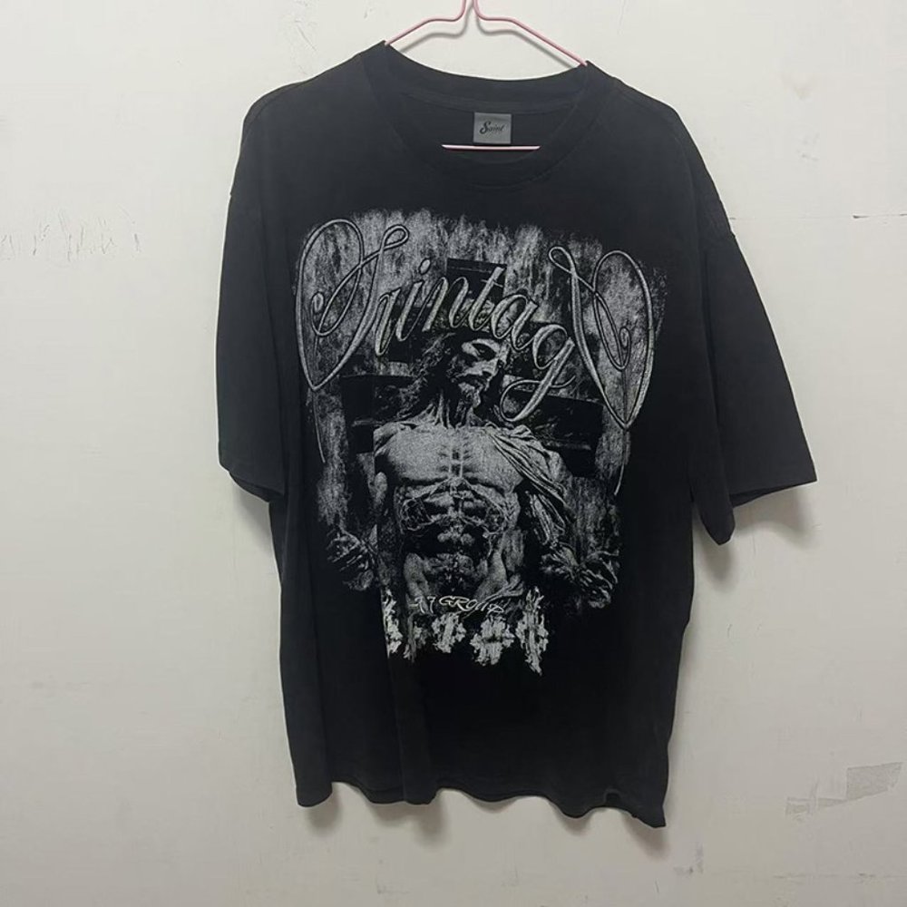 Saint Michael Portrait Print Crew Neck T-Shirt Black